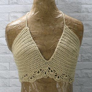 HAND CRAFTED Cropped Top Crochet Bikini Neutral Festival Fashion Tan Medium
